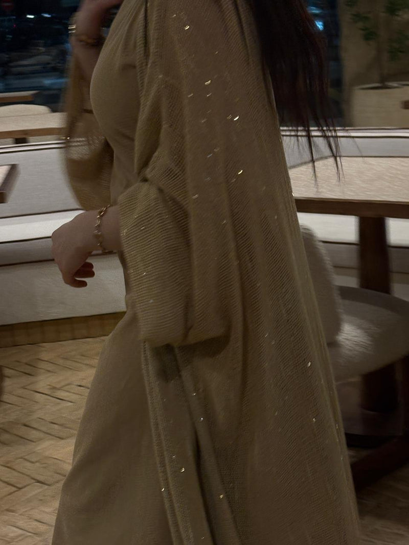 Beige Knit Abaya with Sequin Details