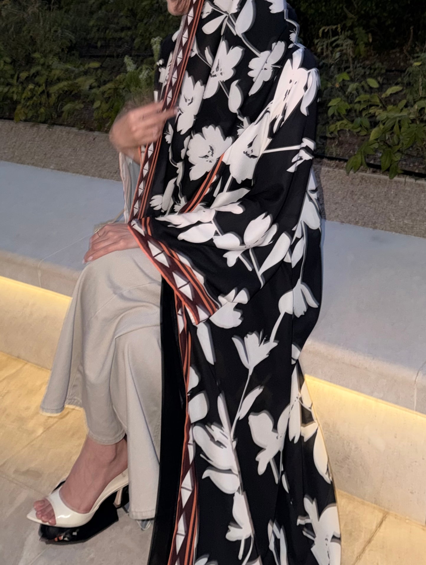 Black Floral Open Abaya with Geometric Border
