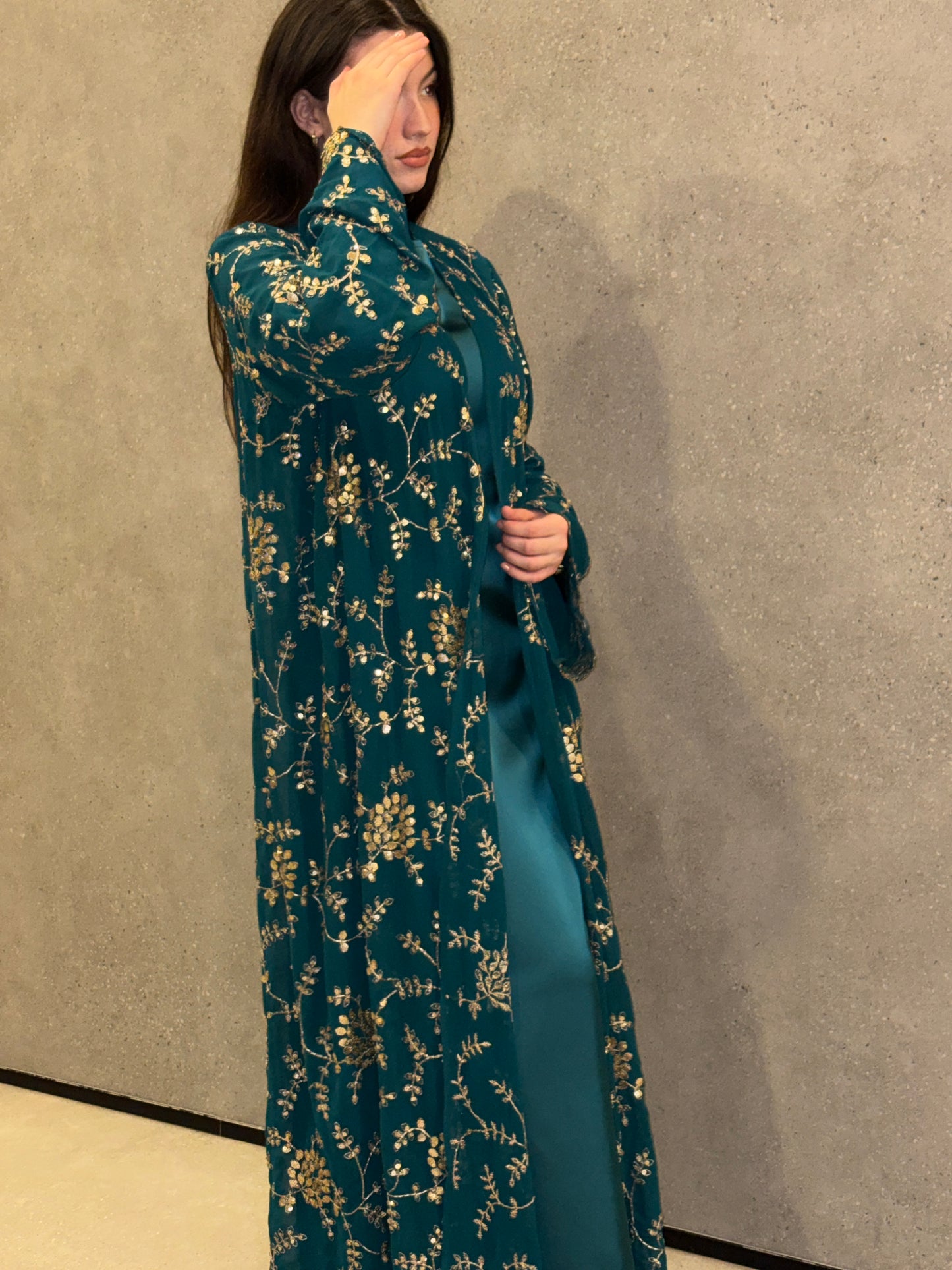 Royal Teal Gold Embroidered Satin Abaya