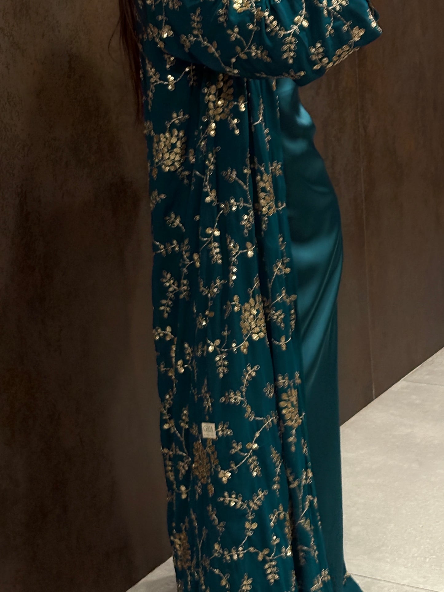 Royal Teal Gold Embroidered Satin Abaya