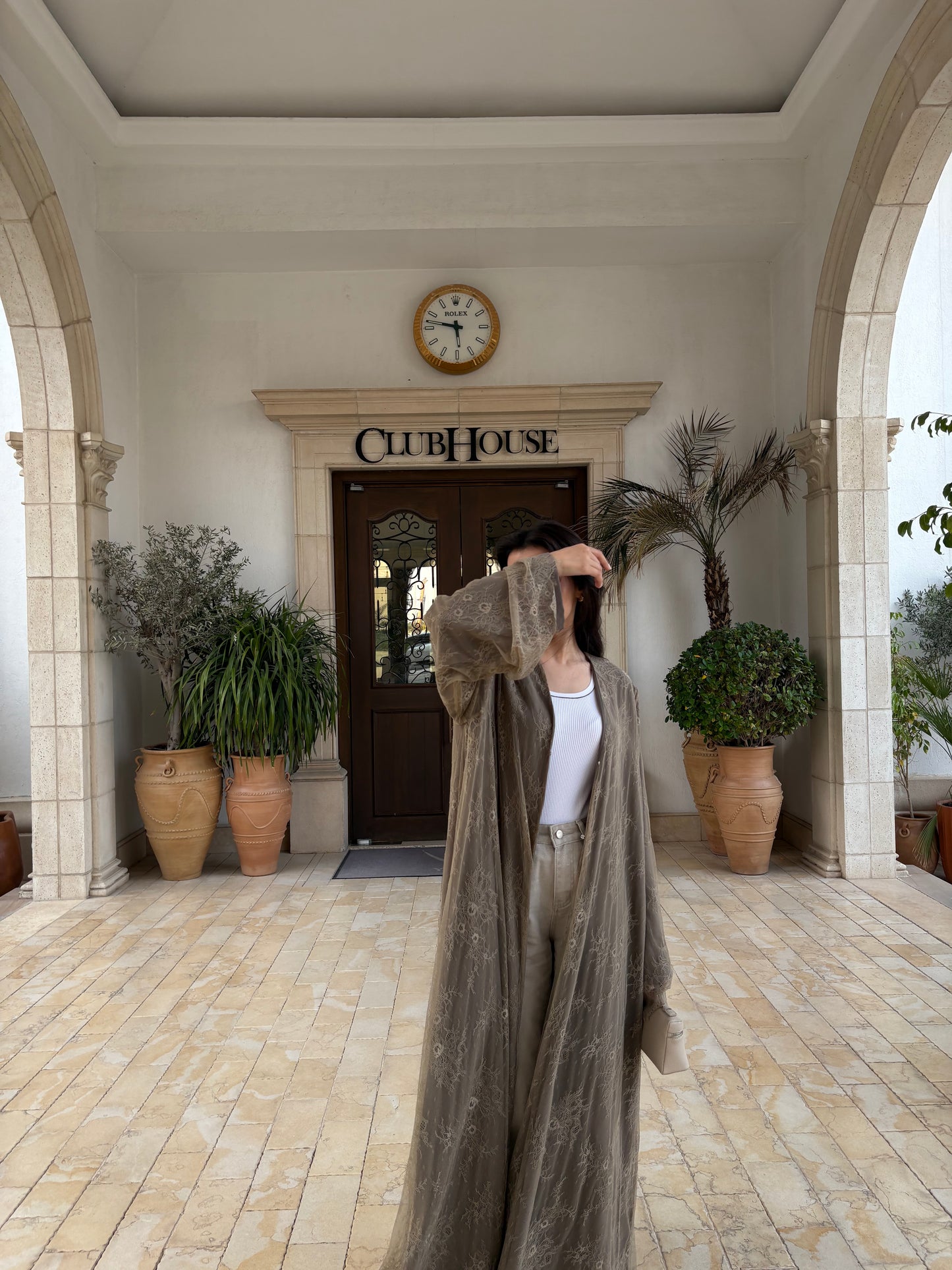 Taupe Brown Embroidered Abaya Set