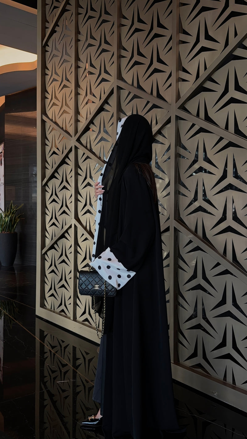 Black Open Abaya with Polka Dot Lining