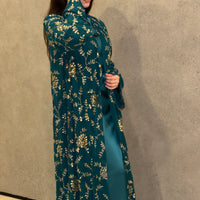 Royal Teal Gold Embroidered Satin Abaya